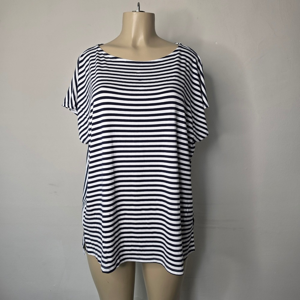 Style & Co Top Women XL Navy Blue White Striped Boat Neck Mixed Media Dolman